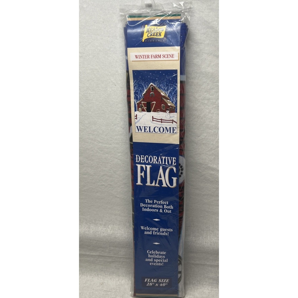 VTG Meadow Creek Winter Red Barn Farm Scene WELCOME Decorative Flag 28"x40" NEW